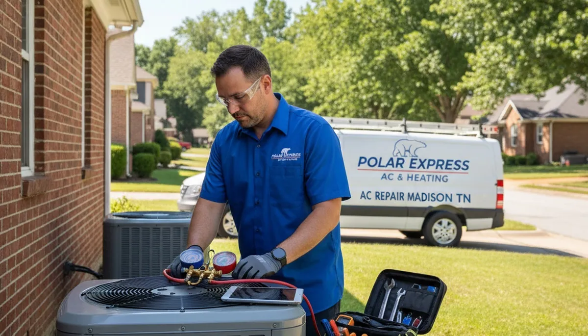 Professional AC repair technician servicing air conditioner in Nashville TN home